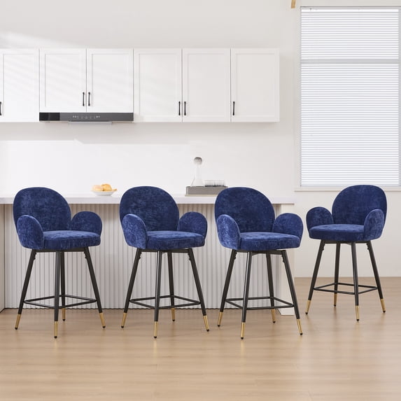 26" Swivel Bar Stools Set of 4, Counter Height Bar Stools with Full Back and Arms Polyester Fabric Barstools Modern 3.15 "Thick Upholstered Counter Stools for Kitchen Island, Blue