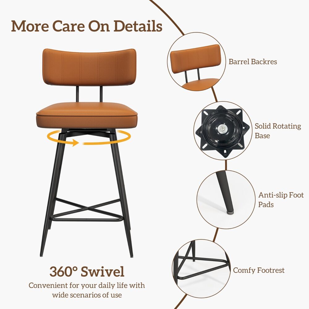 26" Swivel Bar Stools Set of 2 Counter Height Barstools for Kitchen