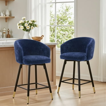 26"Swivel Bar Stools Set of 2 Modern Counter Height Bar Stools with Arms & Backs Velvet Upholstered Barstools with Metal Legs for Kitchen Island Blue
