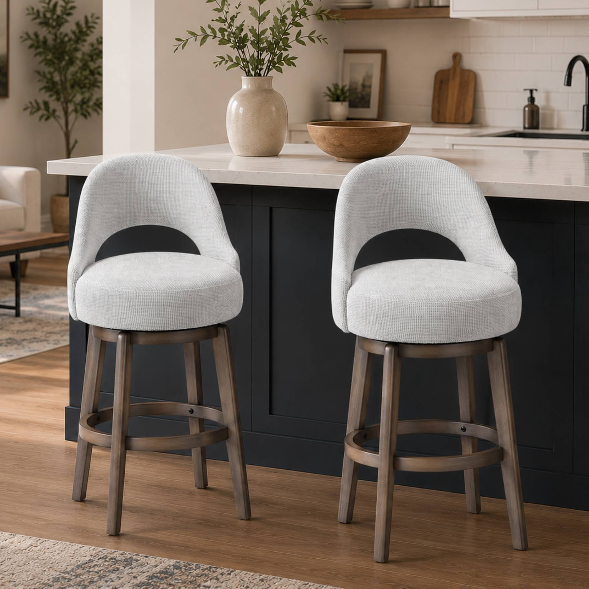26" Swivel Bar Stools Set of 2, Upholstered Counter Height Barstools with U-Back, Farmhouse Swivel Pub Chairs for Kitchen Island, Dining Room