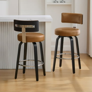 26"Swivel Counter Height Bar Stools Set of 2, Upholstered Modern Faux Leather Barstools with Back&Walnut Wood Legs Counter Stools with Footrestfor Kitchen Island, Brown