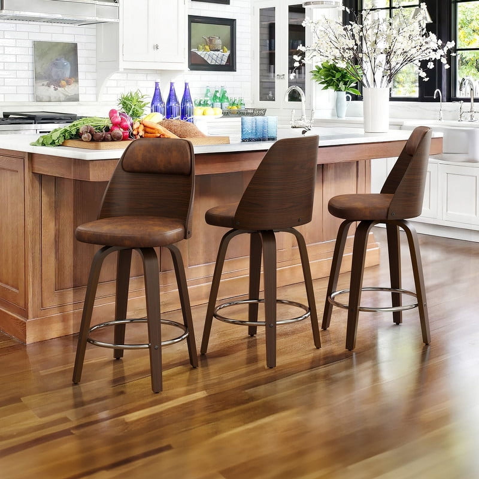 26 Swivel Counter Height Bar Stools Set of 3 with Backs Mid Century for Kitchen Island White