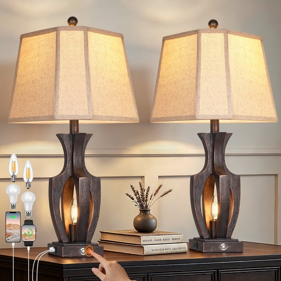 26" Table Lamps Set of 2 with 3-Way Dimmable Touch Control Nightlight, Rustic Bedside Lamps with USB A+C Ports for Living Room Bedroom, 4 LED Bulbs Included