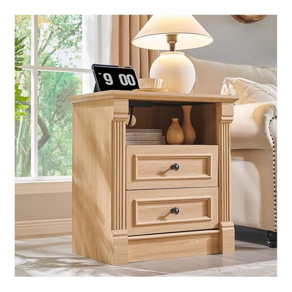 26" Tall 2 Drawers Dresser for Bedroom, Farmhouse 23.6" Wide Large Nightstand with Charging Station, Wood Rustic Side Table w/ Column, End Table for Bedroom, Living Room, Natrual