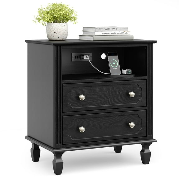 26" Tall Black Nightstand with Charging Station, 2 Drawer Modern Transitional Bedside Table with USB Ports, Outlets, Cable Hole & Open Shelf for Bedroom or Living Room