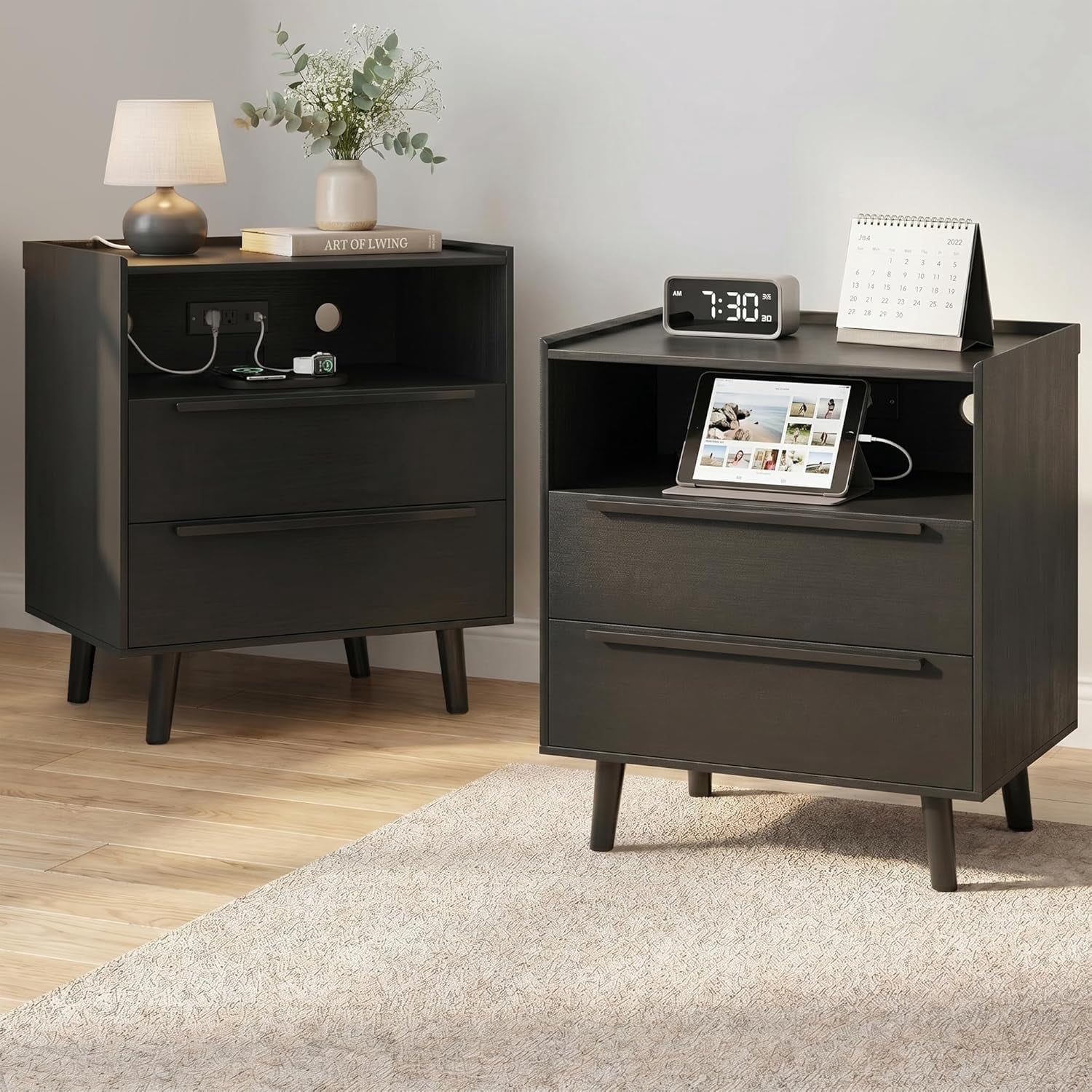 26" Tall Black Nightstand Set of 2 with Charging Station, 2 Drawer Modern Bedside Tables with Tray Top, USB & Type-C Ports and AC Outlets for Bedroom or Living Room