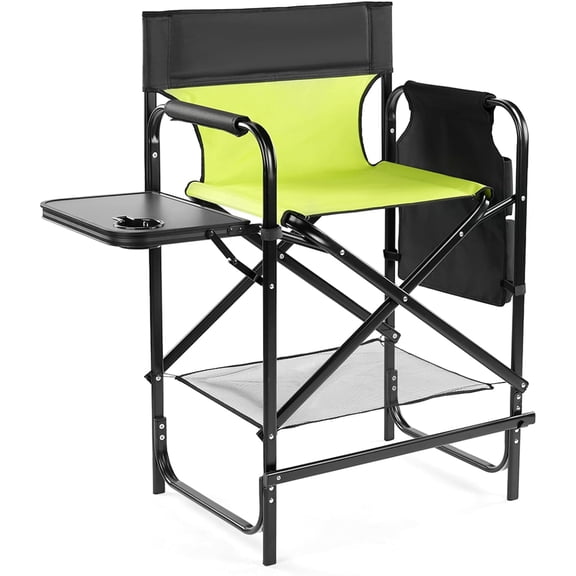 26" Tall Directors Chair Height Seat Folding with Side Table Storage Bag, Support for 300Lbs Portable Makeup Artist Chair with Bar Height(Green/Black)