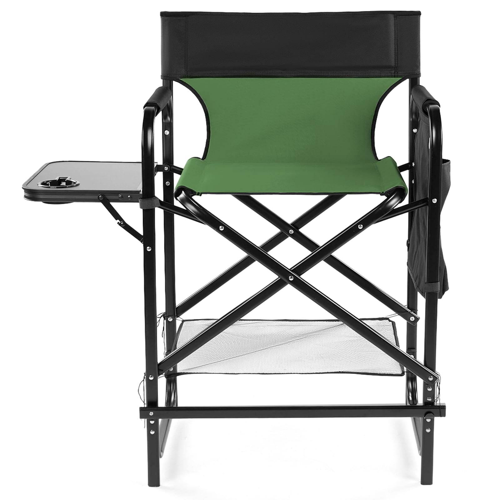26" Tall Directors Chair with Footrest, 4Portable Bar Height Folding Camping Chair with Built-in Cup Holder, Side Table, Storage Pocket, Olive