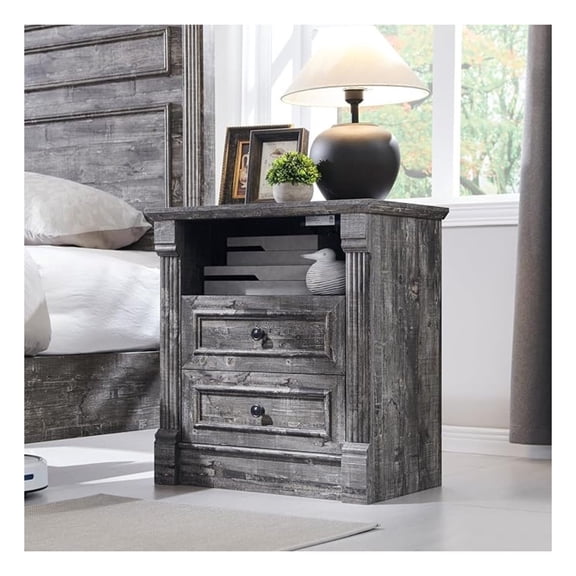 26" Tall Farmhouse Nightstand, 2 Drawers End Table w/Charging Station, 23.6" Wide Large Side Table w/ Column, Wood Rustic Sofa Table w/Open Shelf, Bedside Table for Bedroom, Light Gray