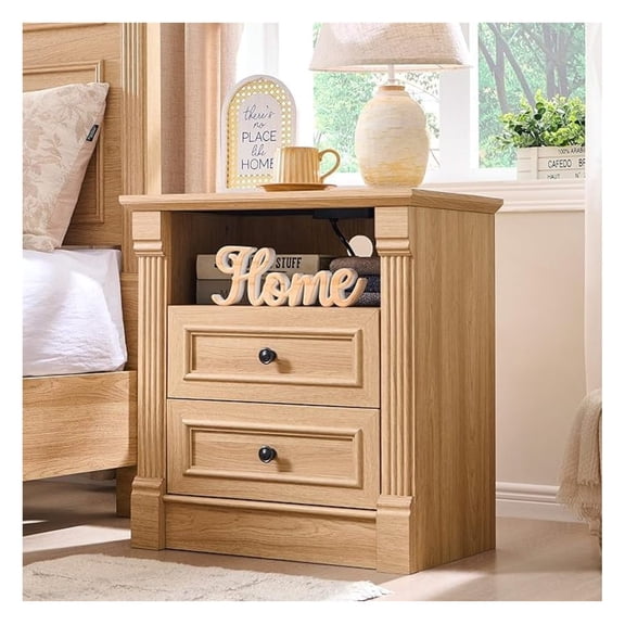 26" Tall Farmhouse Nightstand, 2 Drawers End Table w/Charging Station, 23.6" Wide Large Side Table w/ Column, Wood Rustic Sofa Table w/Open Shelf, Bedside Table for Bedroom, Natrual