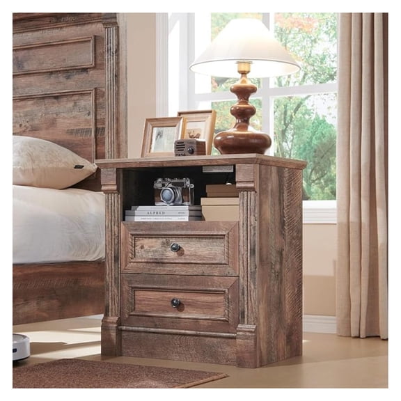 26" Tall Farmhouse Nightstand, 2 Drawers End Table w/Charging Station, 23.6" Wide Large Side Table w/ Column, Wood Rustic Sofa Table w/Open Shelf, Bedside Table for Bedroom, Light Brown