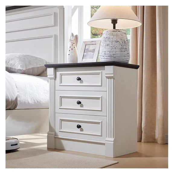26" Tall Farmhouse Nightstand, 3 Drawers End Table w/Charging Station, 23.6" Wide Large Side Table w/ Column, Wood Rustic Sofa Table for Bedroom, White
