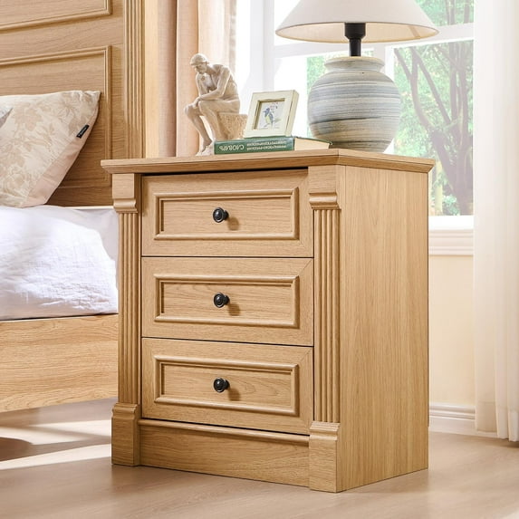 26" Tall Farmhouse Nightstand, 3 Drawers End Table w/Charging Station, 23.6" Wide Large Side Table w/Roman Column, Wood Rustic Sofa Table for Bedroom, Natrual