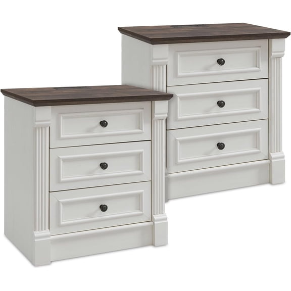 26" Tall Farmhouse Nightstand Set of 2, 3 Drawers End Table w/Charging Station, 23.6" Wide Large Side Table w/Roman Column, Wood Rustic Sofa Table for Bedroom, White