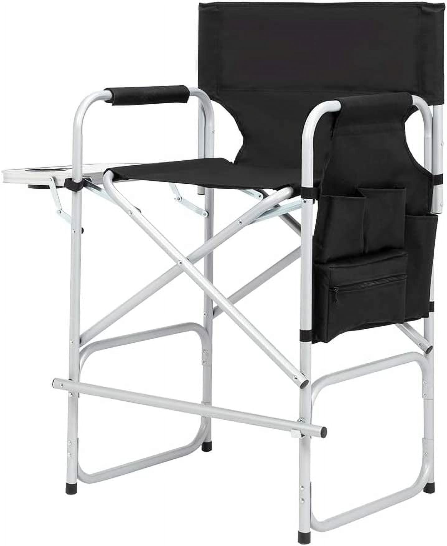 26 Tall Folding Directors Chair with Side Table Portable Makeup Artist Chair Bar Height Portable Makeup Artist Bar Height Steel Frame 300 lbs Capacity 19.3 D x 23.7 W x 41.4 H