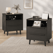 26" Tall Modern Black Nightstand Set of 2 with Charging Station, 2-Drawer Bedside Table with Tray Top & Open Shelf