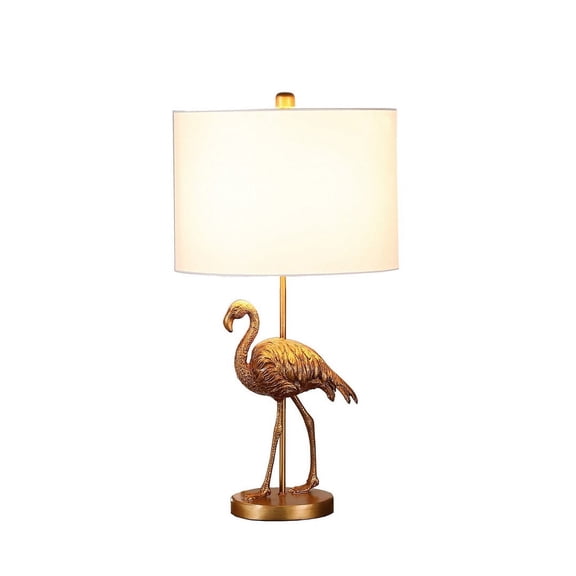 26" Tall Modern Flamingo Resin Table Lamp with Matte Gold Finish & White Drum Shade, Gold