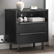 2 Drawers Black Nightstand with Charging Station, 26 Tall Bedside Table End Table for Bedroom or Living Room
