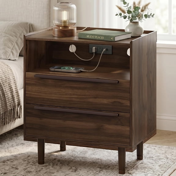 26" Tall Walnut Nightstand with Charging Station, 2 Drawer Bedside Table with Tray Top, USB & Type-C Ports, AC Outlets, and Open Shelf for Bedroom or Living Room