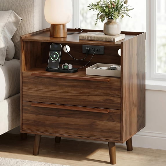 26" Tall Walnut Nightstand with Charging Station, 2 Drawer Bedside Table with Tray Top, USB & Type-C Ports, AC Outlets, and Open Shelf for Bedroom or Living Room