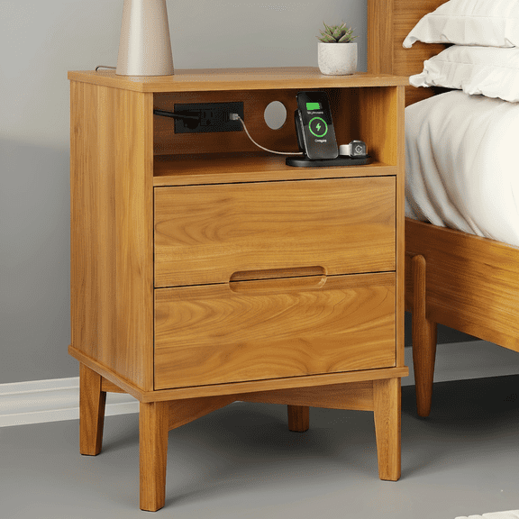 26" Tall Wood Nightstand with Charging Station & USB-C, Mid Century Modern Bedside Table with Solid Wood Legs, Caramel Walnut Finish with 2 Drawers