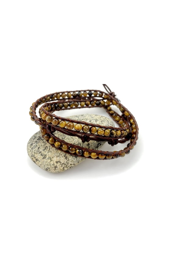 26" Tiger Eye Semi-Precious Gemstone on Genuine Brown Leather Wrap Bracelet