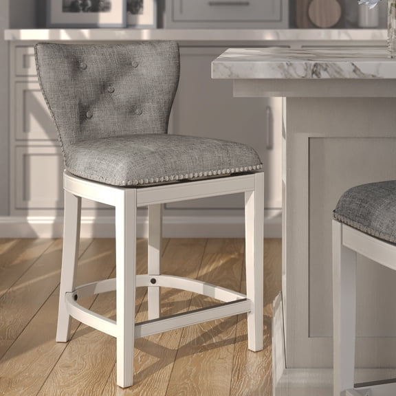 26" Upholstered Counter-Height Swivel Bar Stool with Back, White with Gray Upholstery, 1PC