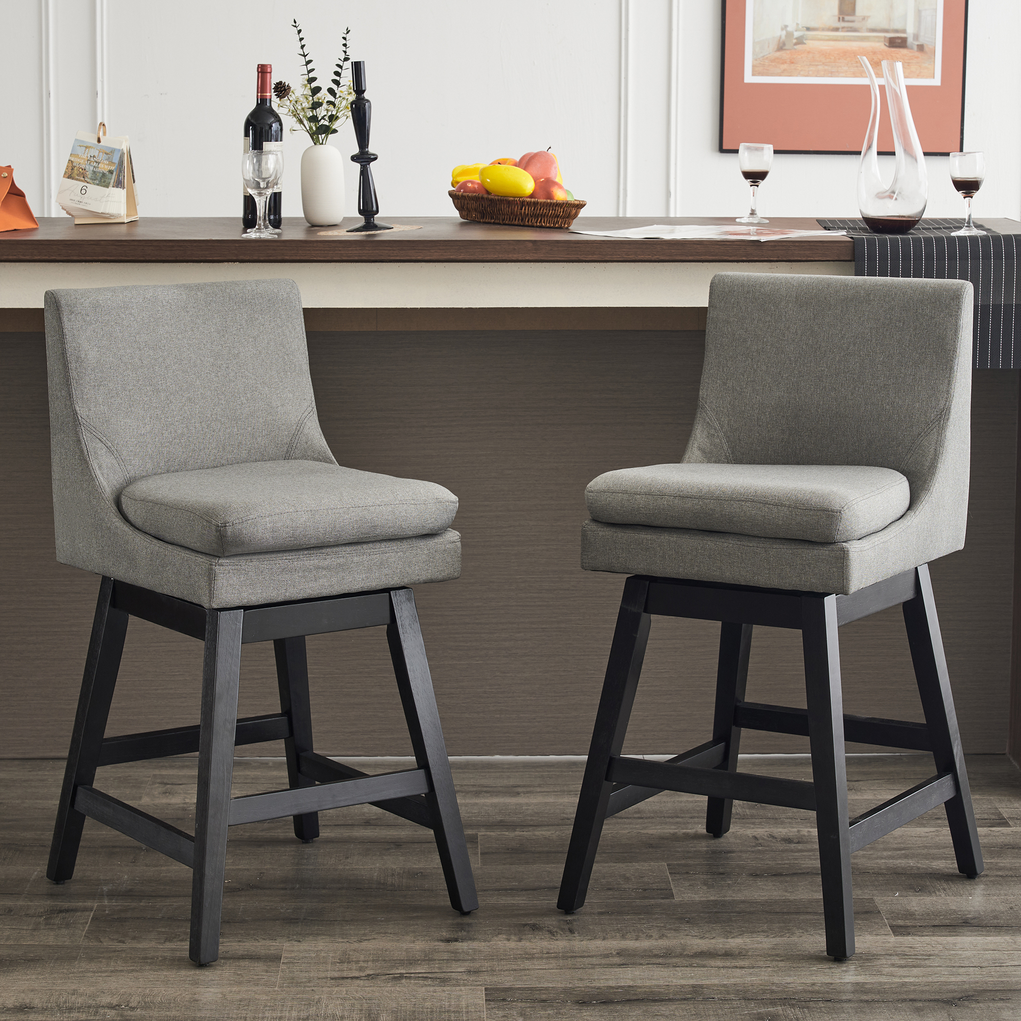 26" Upholstered Swivel Bar Stools Set of 2, Modern Linen Fabric High