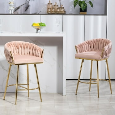 26'' Velvet Barstools Set of 2, Upholstered Bar Stools with Backs & Footrest, Adjustable Metal Legs Counter Height Bar Chairs Seat for Home Pub Kitchen Island, Pink