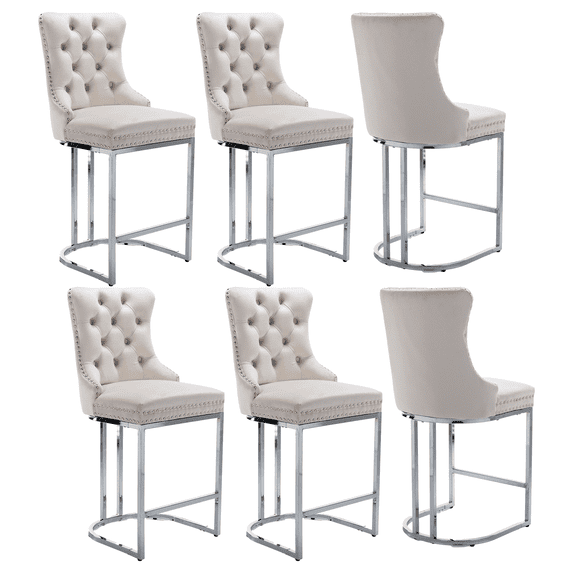 26" Velvet Dining Chairs, Modern Dining Chair with Button Back&Rivet Trim, Leisure Upholstered Dining Chairs, Accent Desk Chair for Kitchen Living Room Wine Bar(Beige,Set of 6)