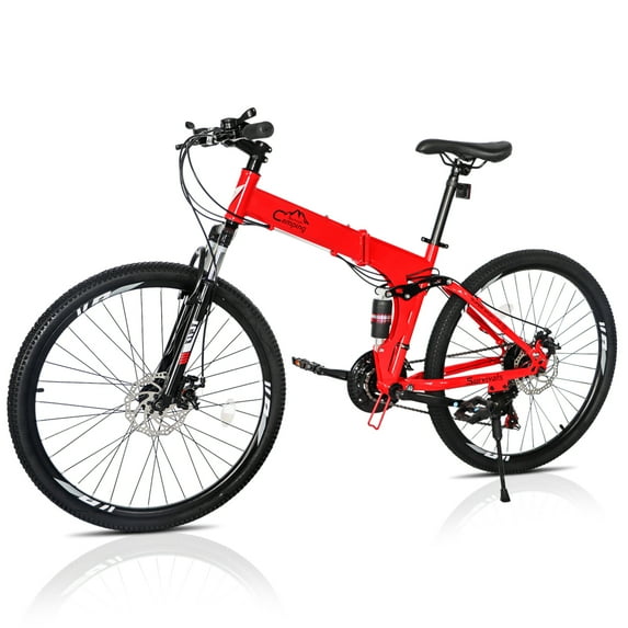 26" Wheel Mountain Bike with 21 Speeds Drivetrain, Men Womens Mountain Bicycles Commuting Bikes with Dual Disc Brakes, Red Black