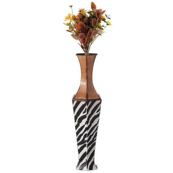 26" White striped and brown Metal Floor Vase Centerpiece Home Decor for Dried Flower and Artificial Floral Arrangements,
