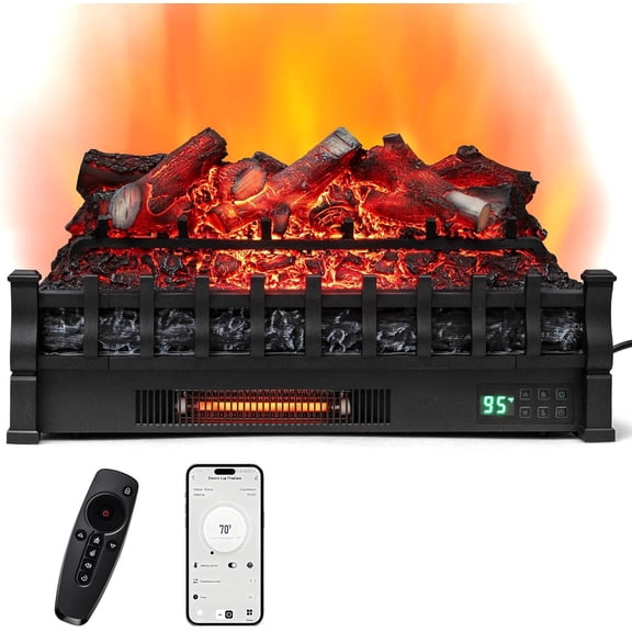 26 Inch WiFi Electric Fireplace Insert Log Heater, Infrared Quartz, Remote, 8H Timer, Adjustable Flame Colors, 1500W, Black