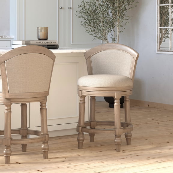 26" Wood Barrel-Back Counter-Height Bar Stool with Swivel and Upholstered Seat and Back, Uptown Gray with Beige Seat and Back, 1PC