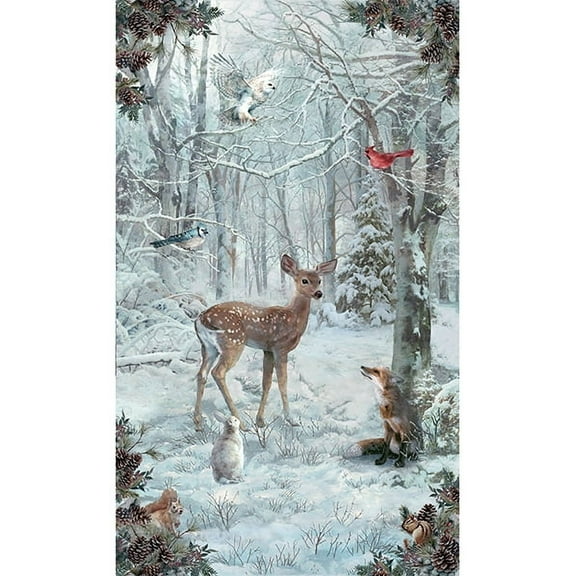 26" X 44" Panel Winter Tales Deer Wildlife Animals Snow Woods Scenic Cotton Fabric Panel (W5388-307-SNOW)