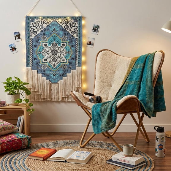 26" X 45" Blue Aqua And Ivory Flower Floral Cotton Macrame Hanging Tapestry