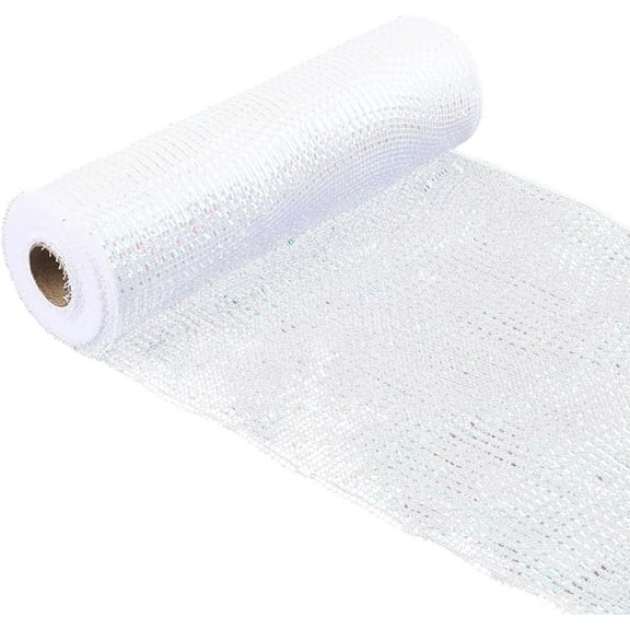 26 Yards 10.23 Inch White Mesh Ribbon Roll with Silver Foil Metallic Iridescent Decorative Wide Netting Fabric Ribbons for Wedding Wreath Bouquet Decoration Gift Wrapping DIY Craft Supply