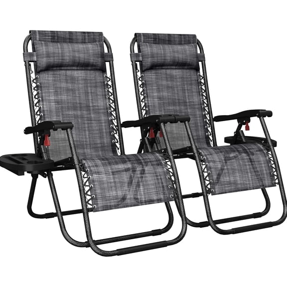 26" Zero Gravity Recliners Outdoor Adjustable Folding Reclining Lounge Chairs w/Pillows, Cup Holder Trays and Carry Strap for Patio Backyard Beach New of 2