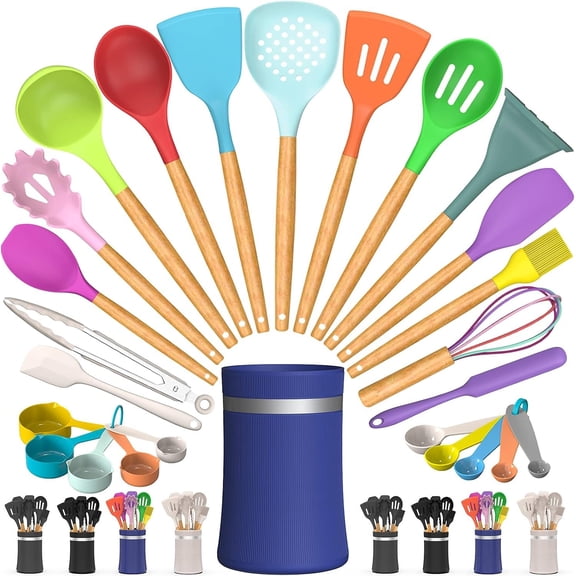 26 count Kitchen Cooking Utensils Set, Heat Resistant Cooking Kitchen Utensils Spatula Set with Holder, Wooden Handle Non-stick Kitchen Gadgets Utensil Set(Colorful)