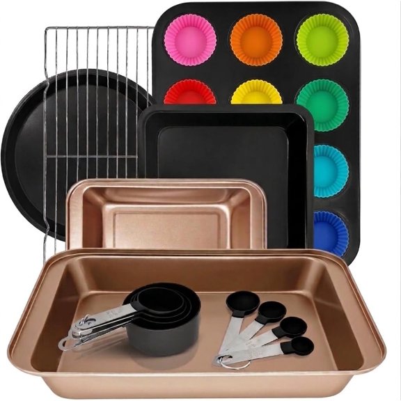 26 count Nonstick Baking Pans Set Carbon Steel, Muffin Pan with  Cups, Cooling Rack, Round & Square Cake Pans, Measuring Cups & Spoons, Bakeware Sets for Beginners, Renters &  Bakers