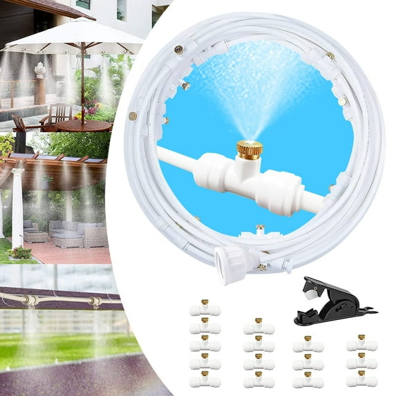 26 ft Mister Hose, Water Mister Nozzles, Outdoor Cooling Misting System for Patio Garden Greenhouse Trampoline Sprinkle, White