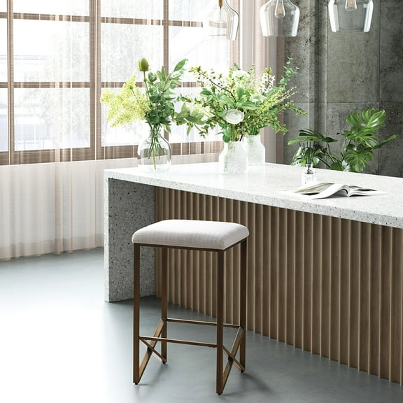 26"h Backless Upholstered Stool - Sleek Minimalist Option. Metal Base In Bronze, Padded Seat For Comfort. Assembly Required, Tools Come With And Stylish. Bronze Base, Cushioned Seat. Provided