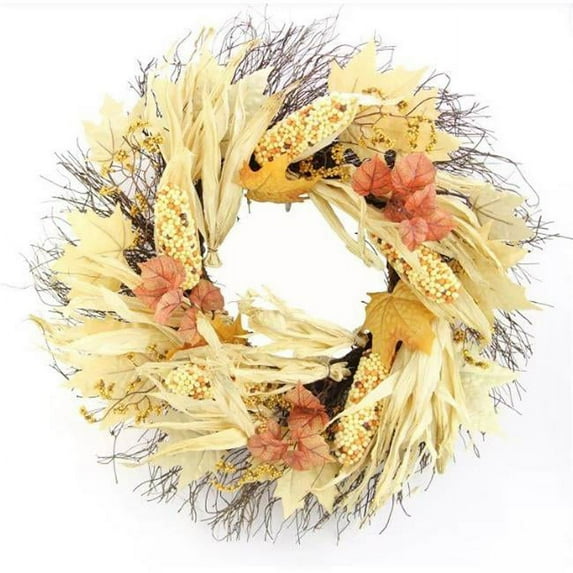 26 in. Artificial Indian Corn Husk Wreath for Front Door Fall Festive Harvest Thanksgiving - Unlit, Natural