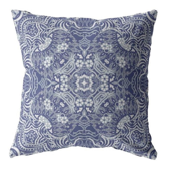 26 in. Boho Ornate Indoor & Outdoor Throw Pillow, Indigo & White