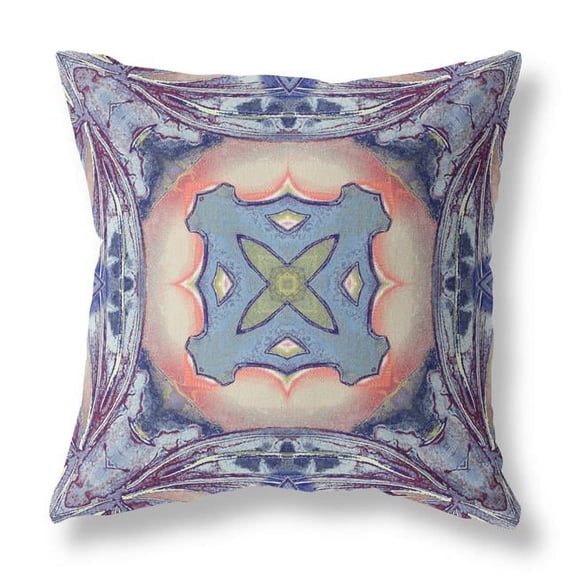 26 in. Geo Tribal Indoor & Outdoor Throw Pillow, Sky Blue, Indigo & Muted Peach