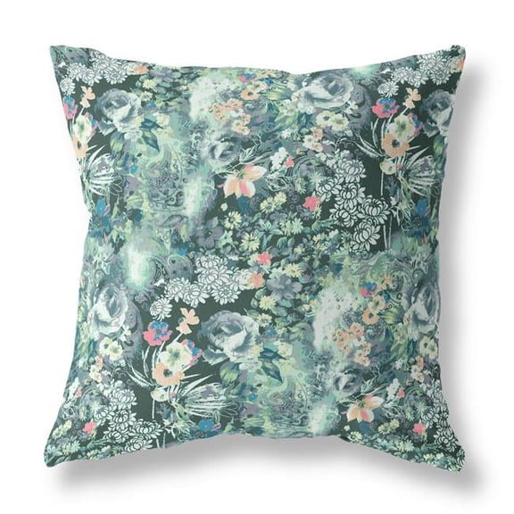 26 in. Green & Black Springtime Indoor & Outdoor Throw Pillow, Muted Green & Peach