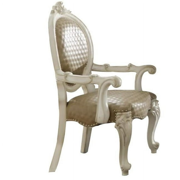26 in. Kai Solid Wood Carved Rolled Armchair - Vegan Leather, Antique White