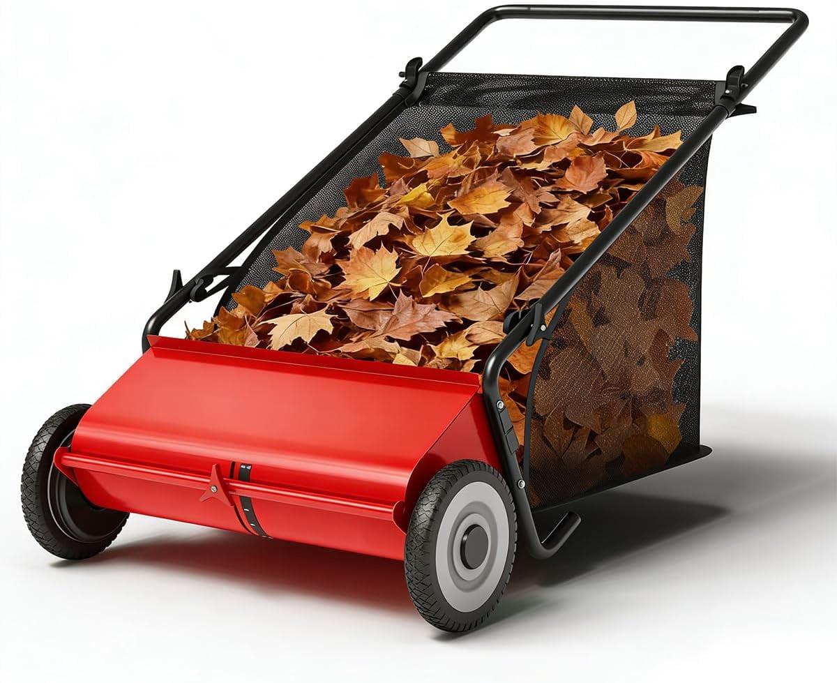 26 in Push Lawn Sweeper,7 Cu. Ft. Large Capacity Collection Bag,Manual Push Yard Sweeper with Height Adjustment for Grass Clippings, Leaves & Debris