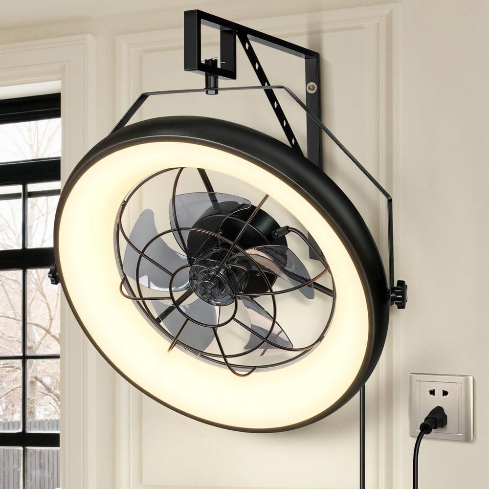 Room Fan Plug In 26 in. Smart Modern Indoor Black Ceiling Fan with Light, Plug-in Caged ...