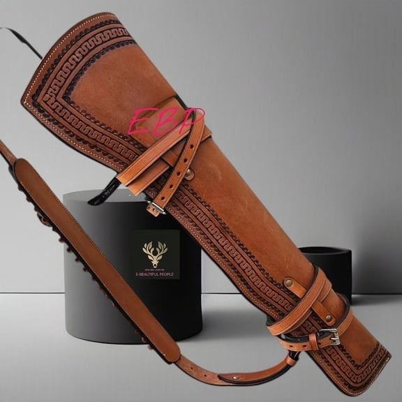 26 in Tooled Leather Long Gun Scabbard with Soft Lining, Western Saddle & ATV Carry Case-Brown Custom Size 26"
